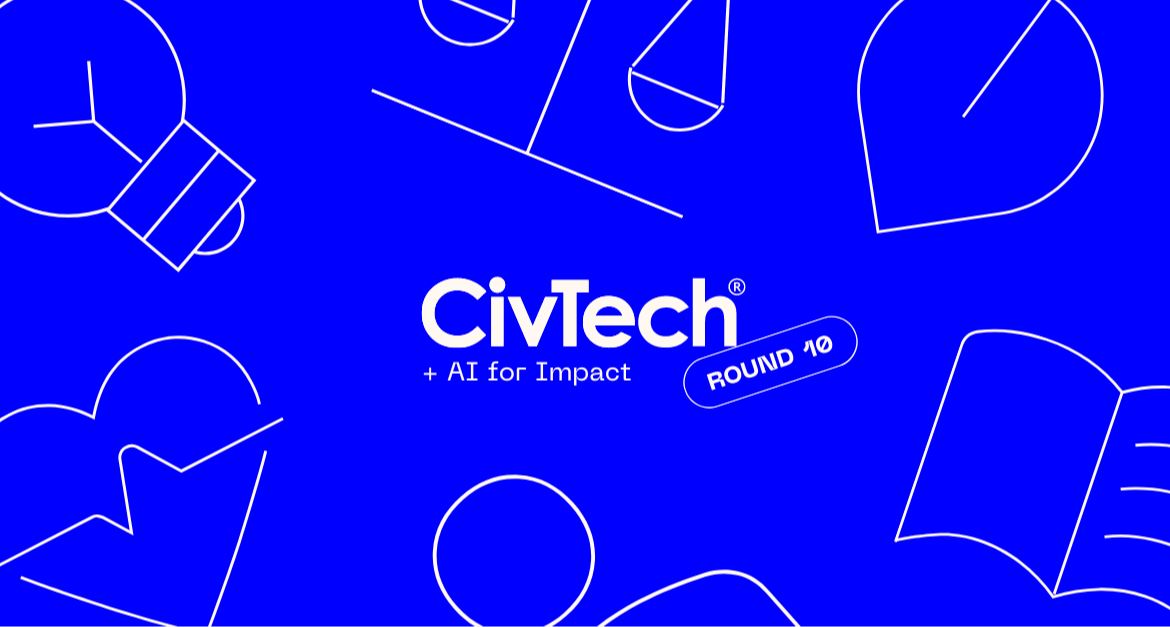 A blue image with a lightbulb, leaf, heart and book icon and CivTech written on it 