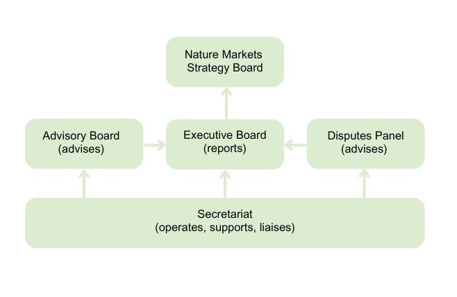 A diagram which shows the advisory board and disputes panel advises executive board which reports into the nature markets strategy board. The secretariat supports and liaises with all board and panels.